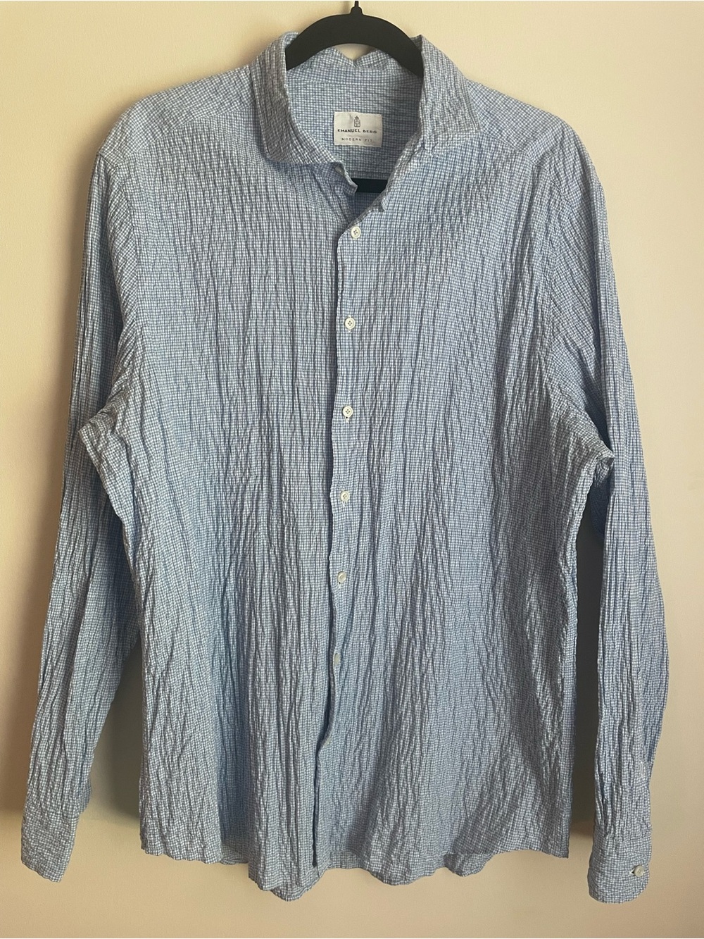 Emanuel Berg Modern Fit Seersucker Casual Shirt Blue Check XXL XL Runs Small